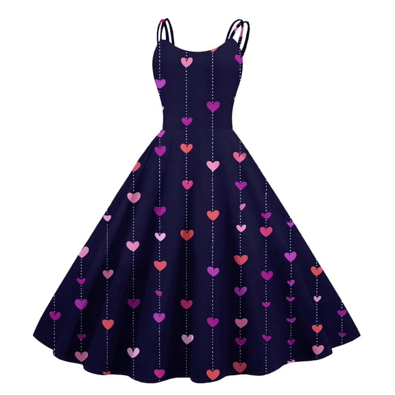 LWavelet 2026 Valentine's Day Outfit Must-Have Dress, Spaghetti Strap Heart Print Flared Swing Skirt Sundress Dark Blue M