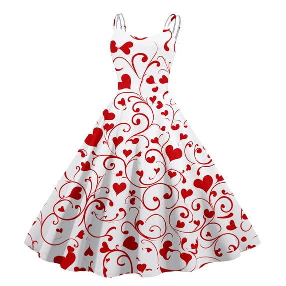 LWavelet 2026 Valentine's Easy-Breezy Valentine Dress, Spaghetti Strap Heart Print Flared Waist Casual Sundress Red XL