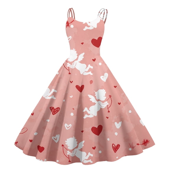 LWavelet 2026 Valentine's Girls' Brunch Spaghetti Strap Dress, Heart Print Fitted Waist Flared Swing Sundress Pink S