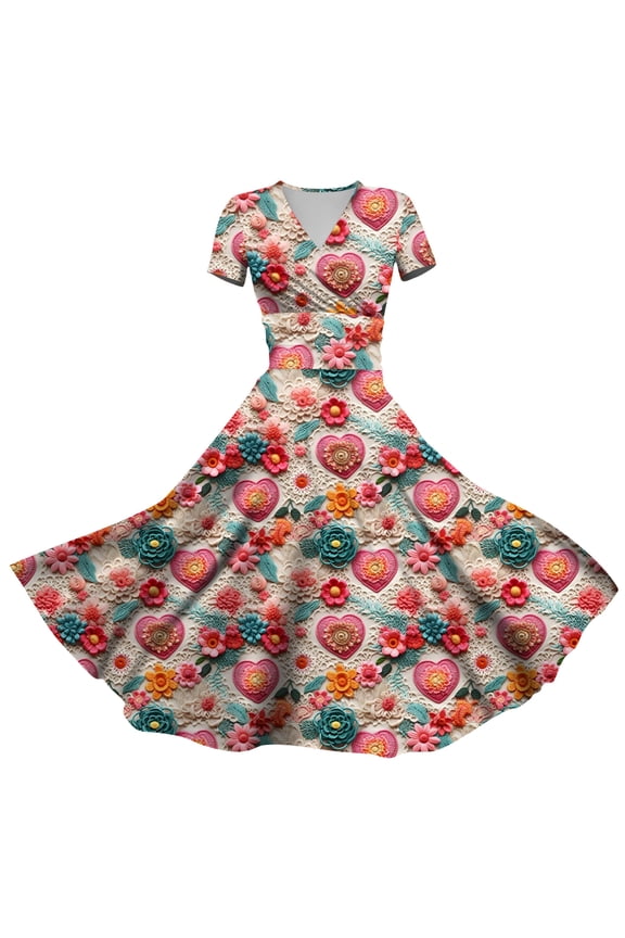 2026 Valentine's Romantic Crochet Heart Floral Dress Women, V-neck Short Sleeve Fitted Waist Flared Casual Sundresses Hot Pink S