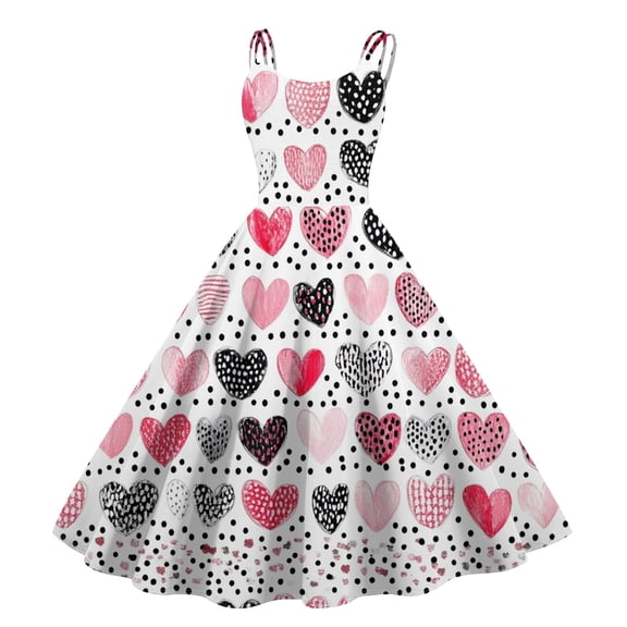 LWavelet 2026 Valentine's Romantic Shiny Sequin Dress for Women, Spaghetti Strap Heart & LOVE Lettering Fitted Waist Flared Sundresses Pink XL