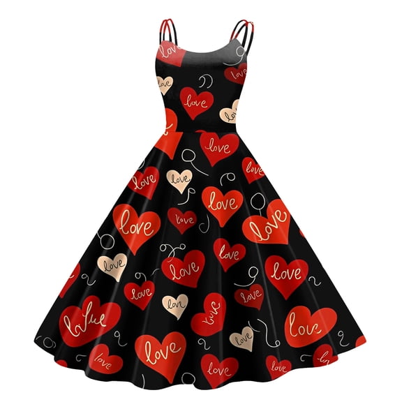LWavelet 2026 Valentine's Ruffled Fitted Heart Dress, Women's Love Rose Print Sleeveless A Line Flowy Casual Sundresses Vermilion M