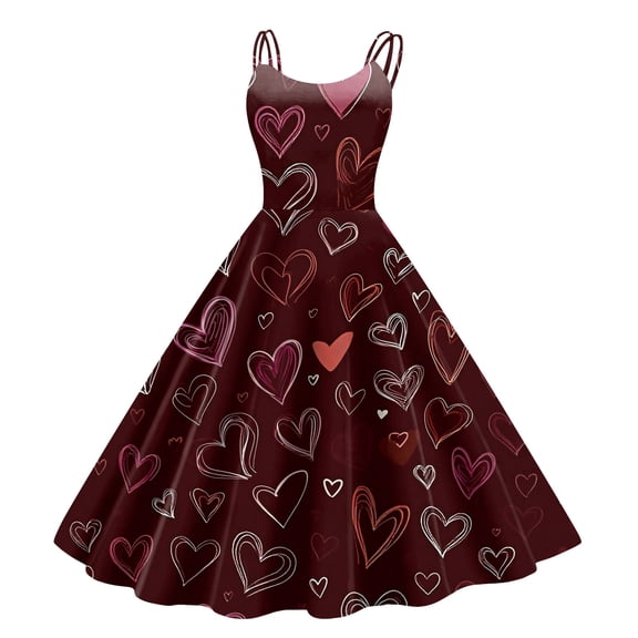 LWavelet 2026 Valentine's Ruffled Fitted Heart Dress, Women's Love Rose Print Sleeveless A Line Flowy Casual Sundresses Wine M