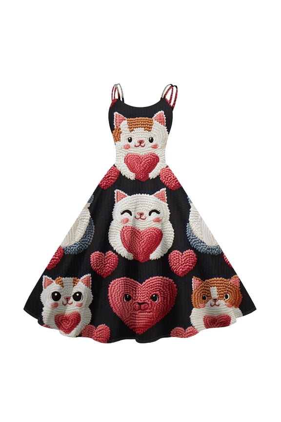 2026 Valentine's Ruffled Heart Dress, Women's Romantic Rose Pattern Sleeveless A Line Flowy Sundresses Black S