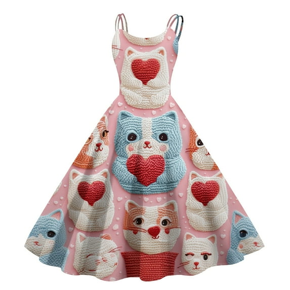 LWavelet 2026 Valentine's Ruffled Heart Dress, Women's Romantic Rose Pattern Sleeveless A Line Flowy Sundresses Light Blue S