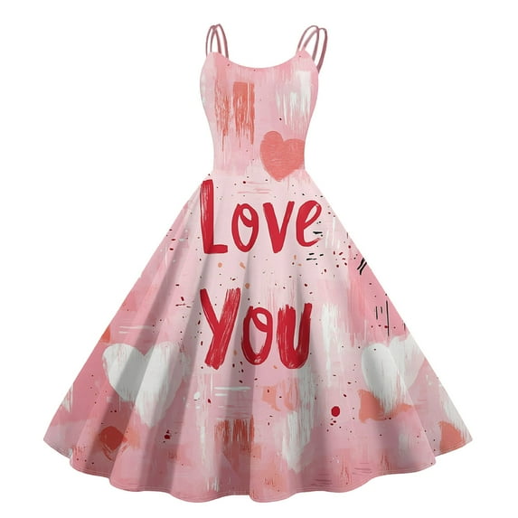 LWavelet 2026 Valentine's Ruffled Heart Dress, Women's Romantic Rose Pattern Sleeveless A Line Flowy Sundresses Pink L