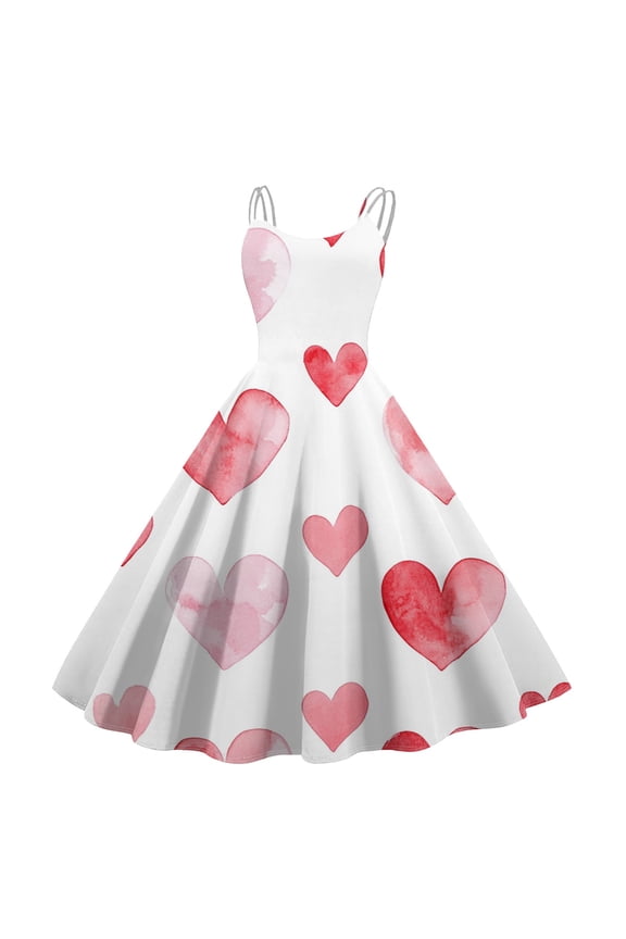 2026 Valentine's Ruffled Heart Dress, Women's Romantic Rose Pattern Sleeveless A Line Flowy Sundresses White 2XL