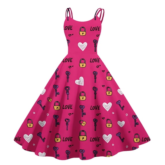 LWavelet 2026 Valentine's Short Sleeve Ruffled Dress, Women's Love Heart Rose Flowy A Line Casual Sundresses Hot Pink L