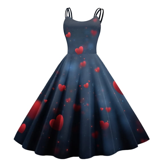 LWavelet 2026 Valentine's Soft Vibe Valentine Sundress, Spaghetti Strap Heart Print Fitted Waist Flared Dress Royal Blue XL
