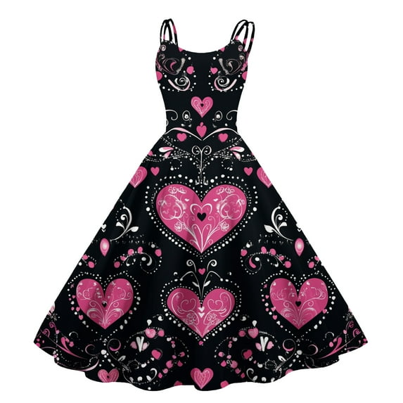 LWavelet 2026 Valentine's Trendy Cute Core Dress, Spaghetti Strap Heart Print Fitted Waist Flared Sundress Black L
