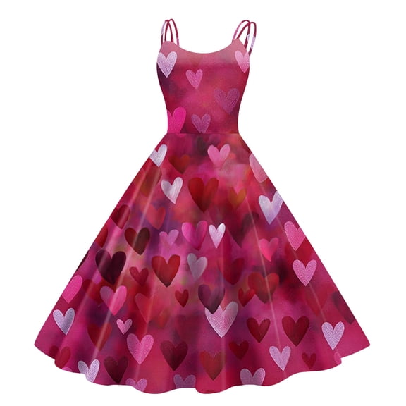 LWavelet 2026 Valentine's Wrap Maxi Heart Dress, Women's Romantic Rose Print Sleeveless Flowy A Line Casual Sundresses Hot Pink M