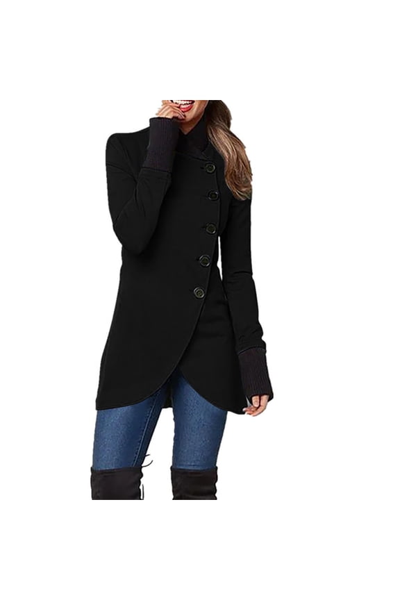 Asymmetrical Button Mid-Length Coat Women Fitted Fall Daily Casual Structured Versatile Outerwear Black L