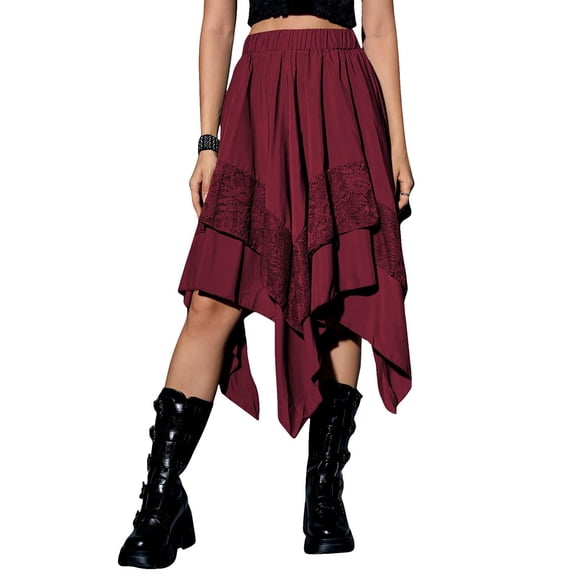 LWavelet Asymmetrical Lace Trim Midi Skirt Women Casual Trendy Edgy Versatile Bottoms Deep Red M