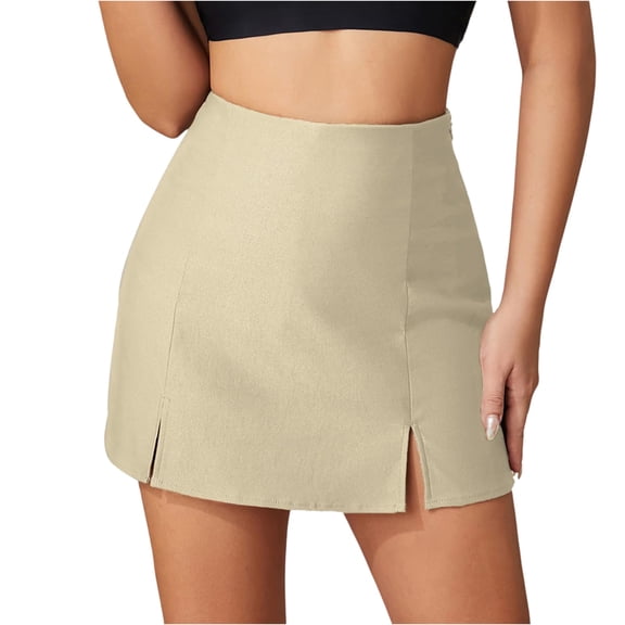 LWavelet Athleisure Double-Slit Mini Skirt Women Comfortable Daily Casual Slim-Fit Versatile Bottoms Beige L