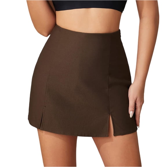 LWavelet Athleisure Double-Slit Mini Skirt Women Comfortable Daily Casual Slim-Fit Versatile Bottoms Brown M