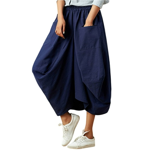 LWavelet Baggy Lantern Midi Skirt with Side Pockets Women Daily Casual Comfortable Versatile Bottoms Dark Blue One Size