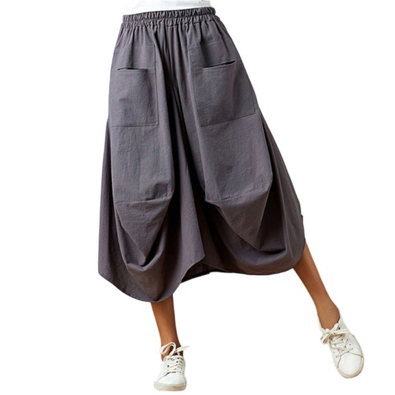 LWavelet Baggy Lantern Midi Skirt with Side Pockets Women Daily Casual Comfortable Versatile Bottoms Dark Gray One Size