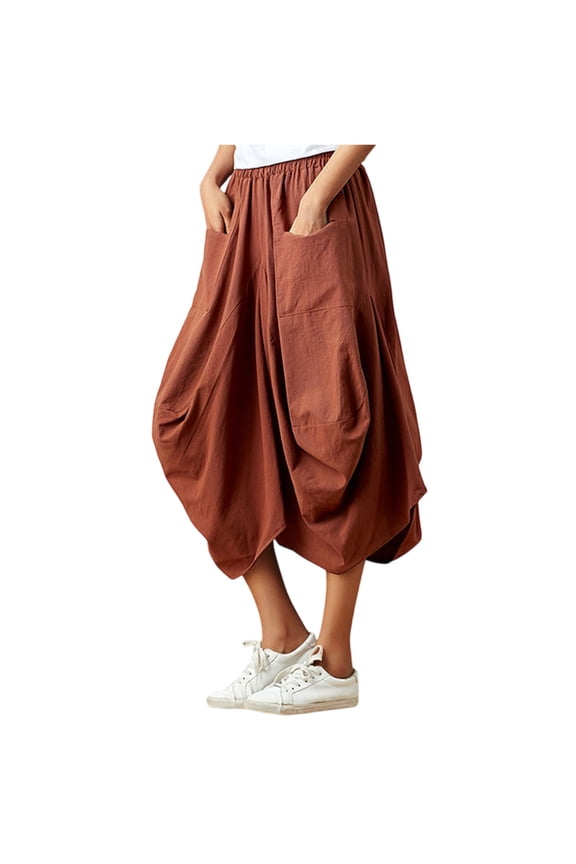 Baggy Lantern Midi Skirt with Side Pockets Women Daily Casual Comfortable Versatile Bottoms Ginger One Size