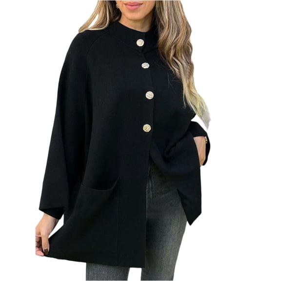 LWavelet Batwing-Sleeve Stand-Collar Oversized Coat Women Cozy Warm Winter Daily Loose Versatile Outerwear Black S