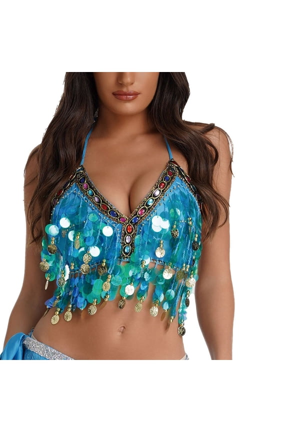 Belly Dance Sequin Coin Halter Neck Crop Top Women Performance Party Unique Tops Turquoise One Size