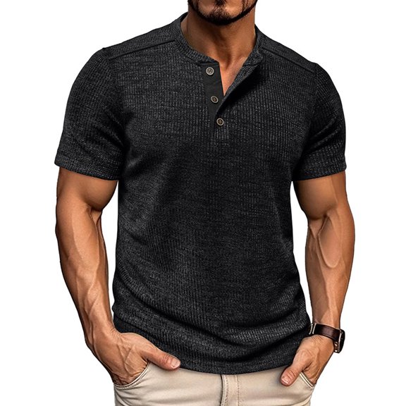 LWavelet Block Design Henley Neck Men's T Shirt Stylish Trim Great for Everyday Casual and Relaxed Wear Black L