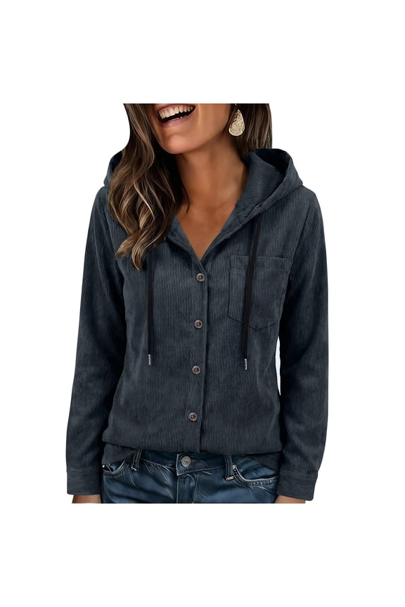 Button-Front Corduroy Hooded Shacket Women Cozy Fall Casual Loose Versatile Layered Outerwear Navy L
