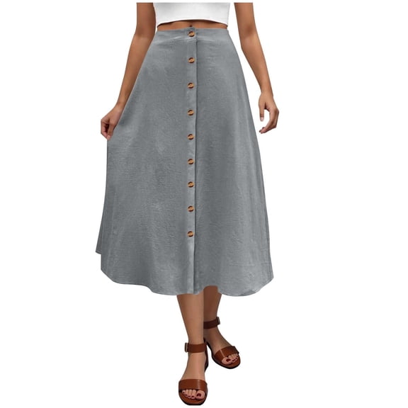 LWavelet Button-Front Linen Midi Skirt Women Daily Casual Comfortable Flowy Versatile Bottoms Gray L