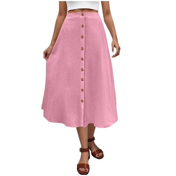 LWavelet Button-Front Linen Midi Skirt Women Daily Casual Comfortable Flowy Versatile Bottoms Pink S