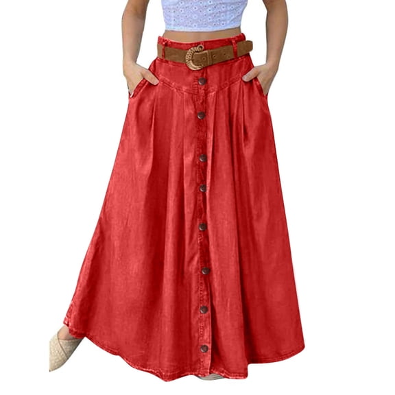 LWavelet Button-Front Maxi Skirt with Belt Women Daily Casual Flowy Stylish Versatile Bottoms Red 2XL