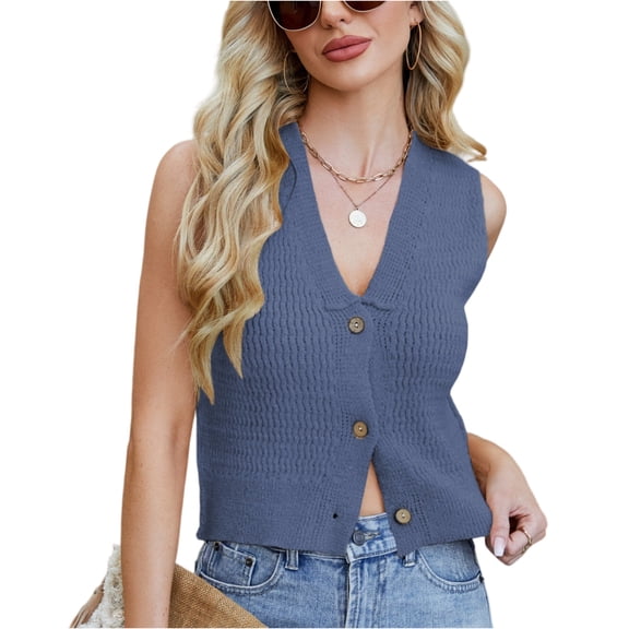 LWavelet Button-Front Ribbed Cropped Sleeveless Vest Women Daily Casual Stylish Slim-Fit Tops Dark Blue L