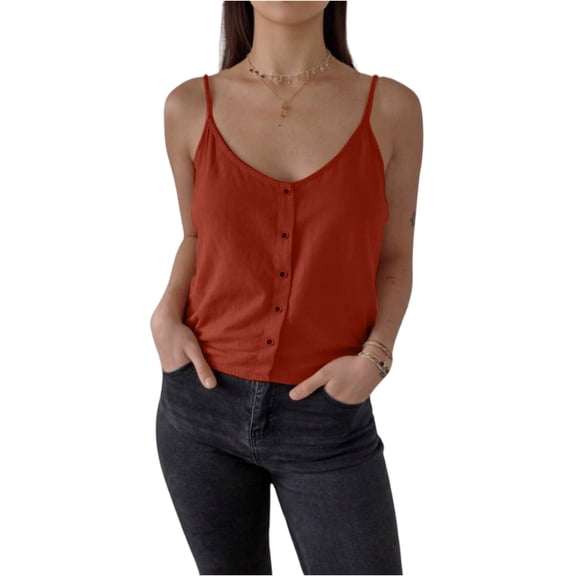 LWavelet Button-Front Spaghetti Strap V-Neck Tank Top Women Daily Casual Comfortable Versatile Tops Wine 2XL