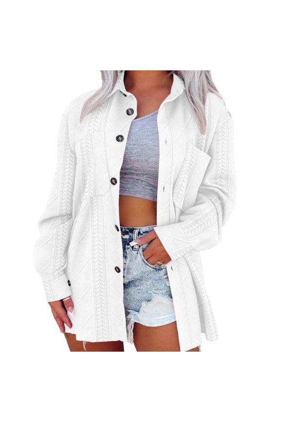 Cable-Knit Button-Front Shirt Jacket Women Stylish Fall Casual Loose Layered Trendy Outerwear White 2XL