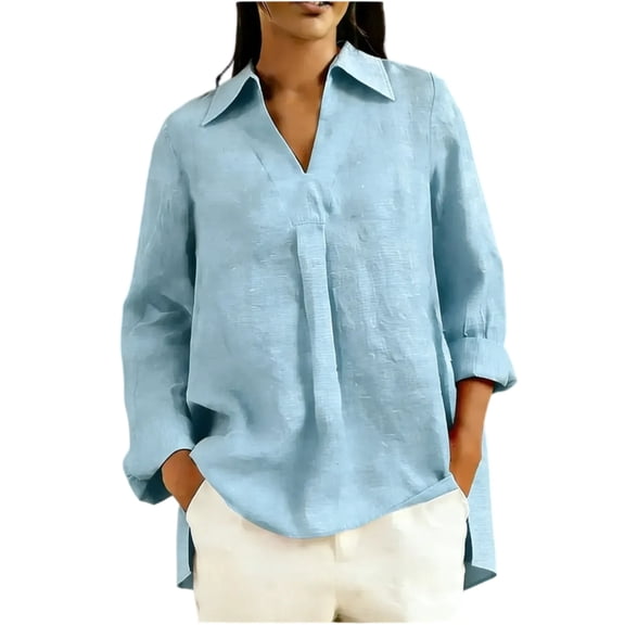 LWavelet Collar V-Neck Linen Blouse Womens Plus Size Oversized Side Slit Breathable Casual Top Light Blue XL