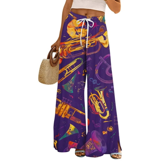 LWavelet Comfort Fabric Feather Bead Print Wide Leg Pants Women Mardi Gras Festive Wear Orange XXL