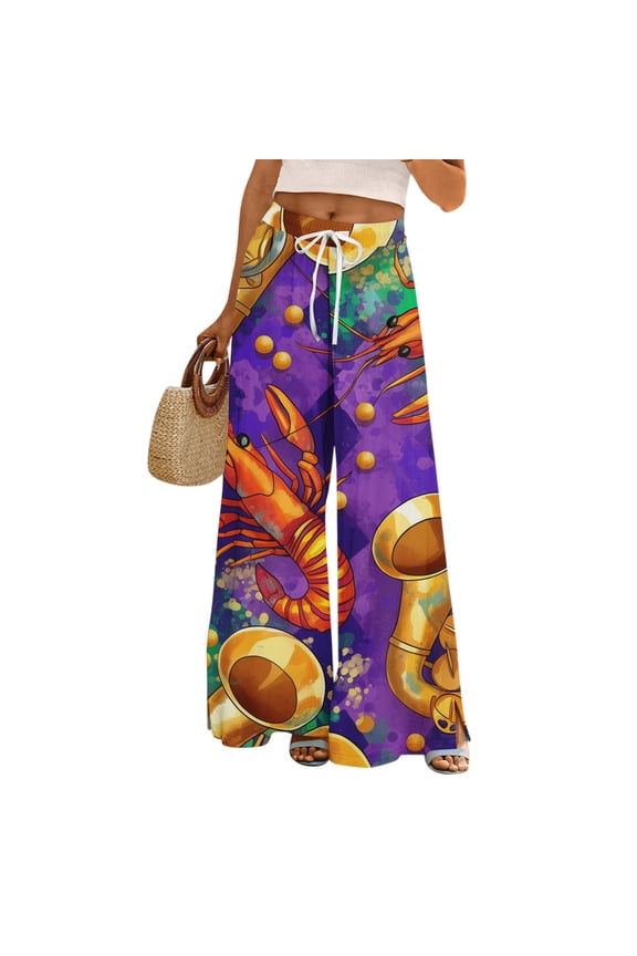 Comfort Fabric Feather Coin Print Wide Leg Pants Women Mardi Gras Festive Wear Purple S