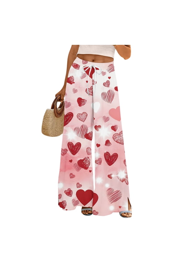 Comfort Fabric Gradient Heart Wide Leg Pants Women Valentine's Day Festive Wear Pink L