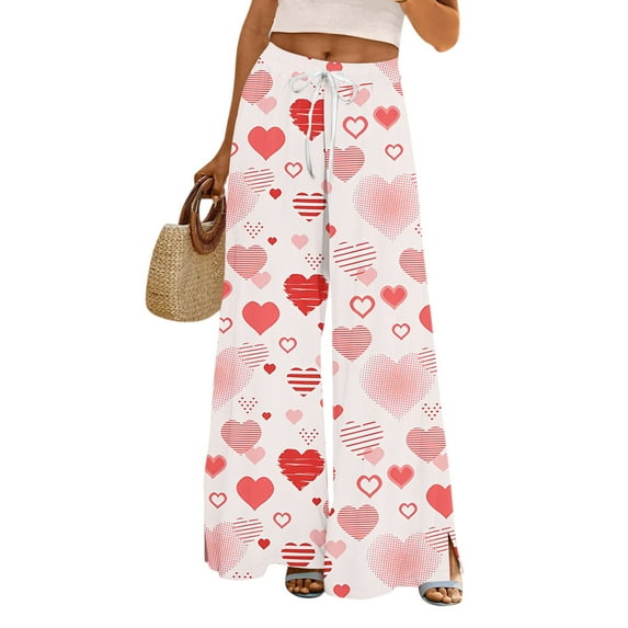 LWavelet Comfort Fabric Love Print Wide Leg Pants Women Valentine's Day Lounge Wear Pink XXL