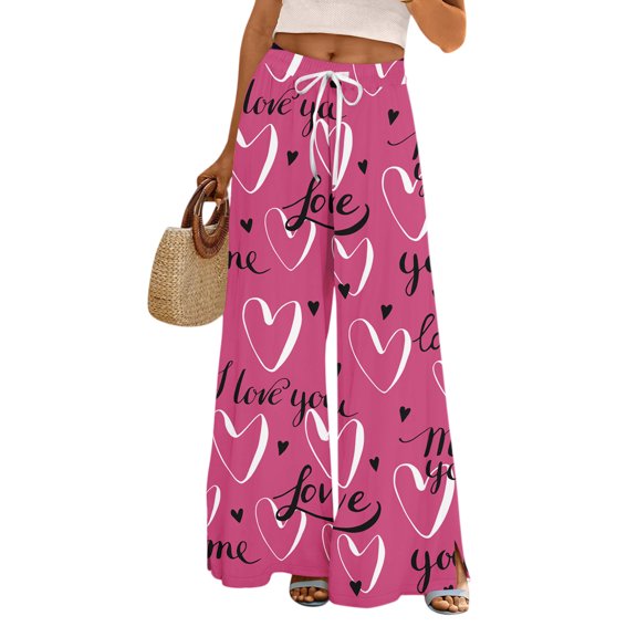LWavelet Comfort Fabric Plaid Heart Wide Leg Pants Women Valentine's Day Casual Wear Hot Pink L