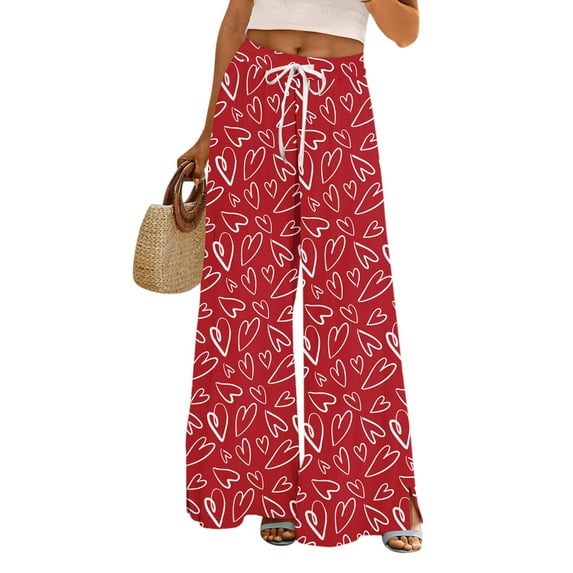 LWavelet Comfort Fabric Plaid Heart Wide Leg Pants Women Valentine's Day Casual Wear Red XXL