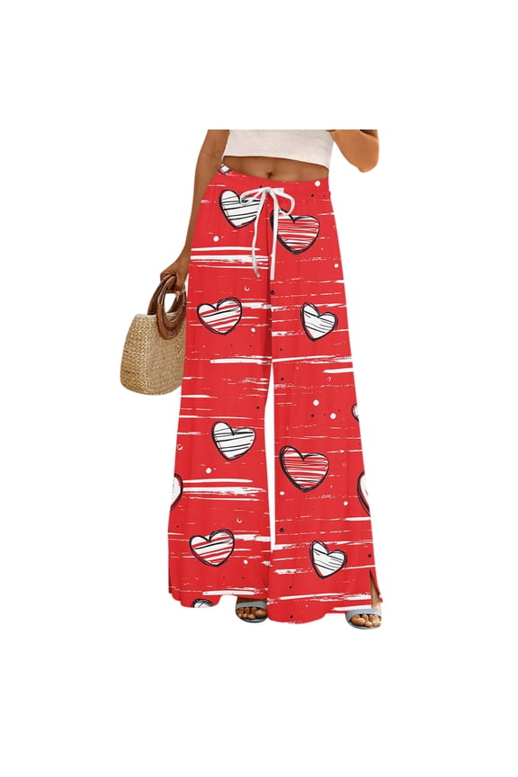 Comfort Fabric Striped Heart Wide Leg Pants Women Valentine's Day Casual Wear Red XXL