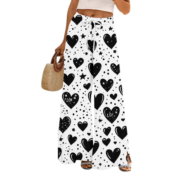 LWavelet Comfort Fabric Striped Heart Wide Leg Pants Women Valentine's Day Casual Wear White L