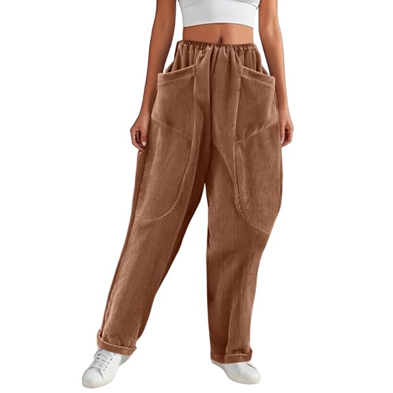 LWavelet Corduroy Fabric Elastic Cuff Pants Women Comfort Casual Wear Brown XL