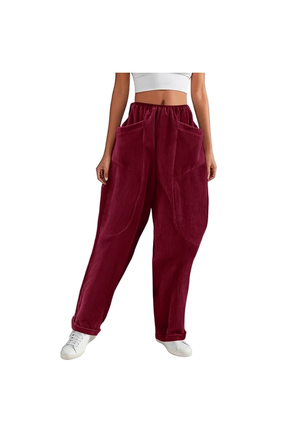 Corduroy Fabric Elastic Cuff Pants Women Comfort Casual Wear Wine L