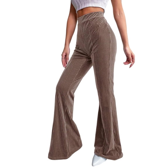 LWavelet Corduroy Fabric High Waist Flared Pants Women Daily Casual Wear Khaki L