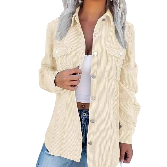 LWavelet Corduroy Overshirt Jacket Women Versatile Fall Casual Loose Stylish Trendy Outerwear Beige M