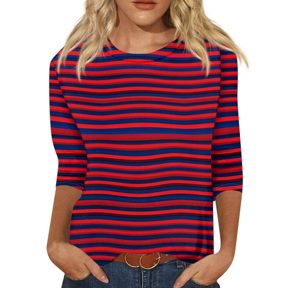 LWavelet Crew Neck Ombre Stripe Blouse Womens Plus Size 3/4 Sleeve Soft Loose Fit Versatile Top Wine 5XL