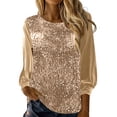 thumbnail image 1 of LWavelet Crew Neck Sequin Blouse Womens Plus Size 3/4 Puff Sleeve Asymmetric Hem Loose Fit Top Gold M, 1 of 7