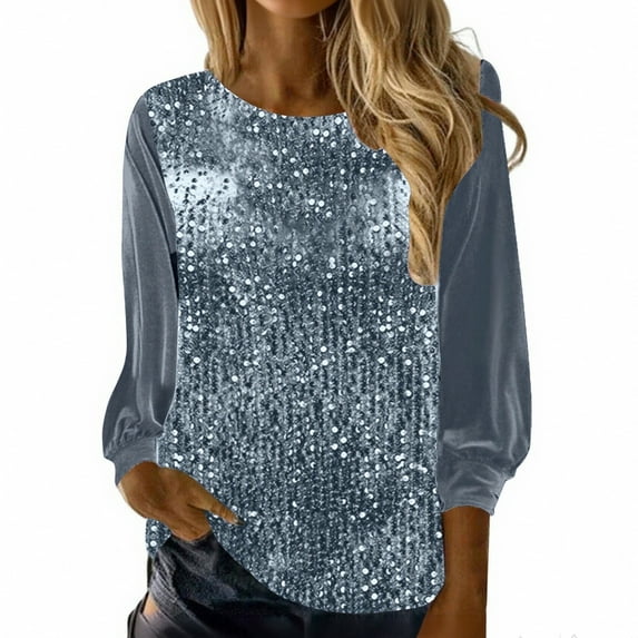 LWavelet Crew Neck Sequin Blouse Womens Plus Size 3/4 Puff Sleeve Asymmetric Hem Loose Fit Top Gray XL