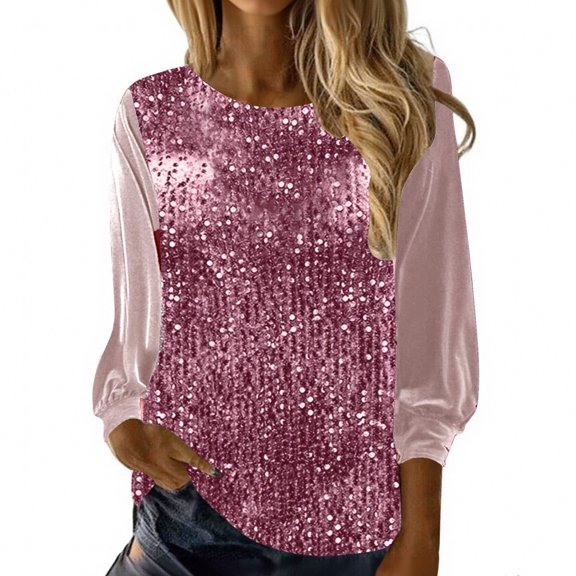LWavelet Crew Neck Sequin Blouse Womens Plus Size 3/4 Puff Sleeve Asymmetric Hem Loose Fit Top Pink S