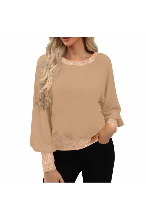 Crew Neck Sequin Trim Oversized Top Womens Plus Size Stylish Daily Casual Blouse Khaki XL